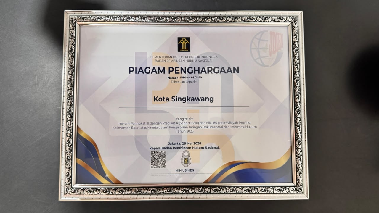 Singkawang Ukir Prestasi Bidang Hukum : JDIHN Nilai A, Indeks Reformasi Hukum Istimewa